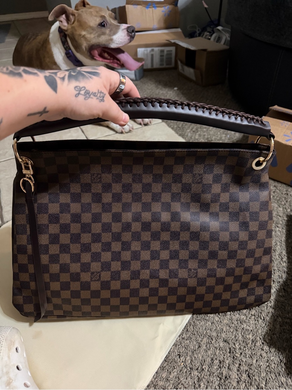 Checker-Pattern Brown Shoulder Bag with Braided Handle